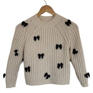 Zara Kids Cream Chunky Sweater Black Bow Accents Size‎ 9 Girly Feminine Coquette